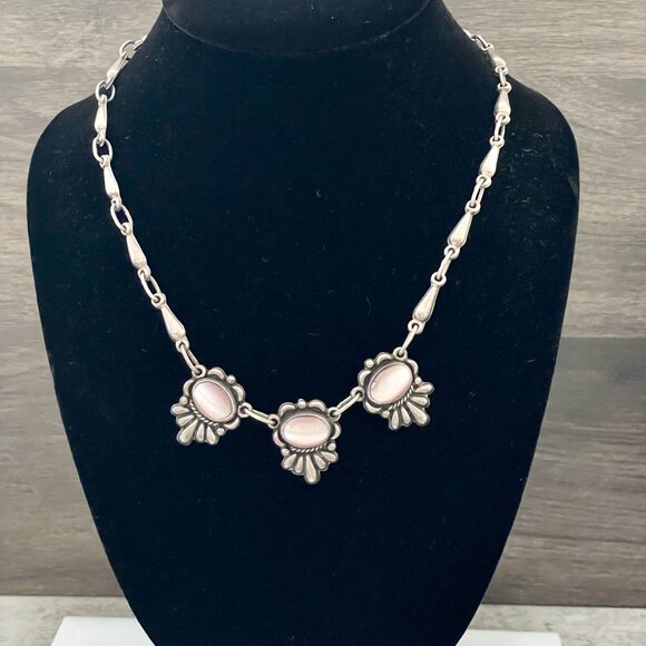 Vintage Mexico GC80 Sterling Silver Pink Mother of Pearl Stations Necklace 19" - Picture 2 of 10